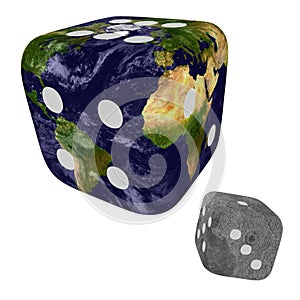 Planet Earth with clouds and Moon as dice