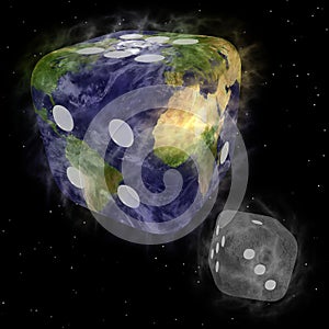 Planet Earth with clouds and Moon as dice