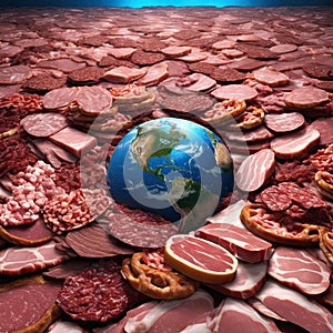 The planet Earth completely covered in meat. AI generated