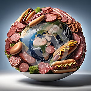 The planet Earth completely covered in meat. AI generated