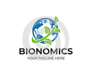 Planet earth with continents and branch with leaves, logo design. Bionomics, ecology and environment protection, vector design