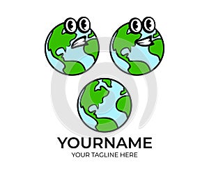 Planet earth with continents, planet earth cartoon character, logo design. Environmental protection, environment and ecology, vect