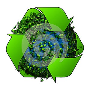 Planet earth covered with the leaves. Eco globe.Recycle logo with tree and earth. Eco globe with recycle signs.