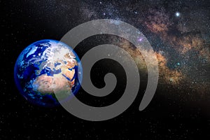 Planet Earth in deep space next to the Milky Way