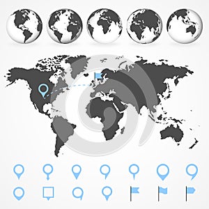 Planet Earth. The Earth, World Map on white background. Map marker. Pointer symbol, pin line. Location sign. Navigation map, GPS,