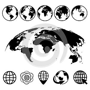 Planet Earth. The Earth, World Map on white background. Map marker. Pointer symbol, pin line. Location sign. Navigation map, GPS,
