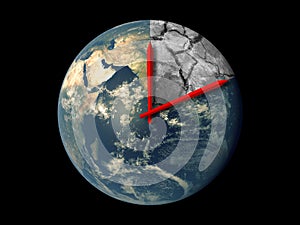 Planet Earth Ecology Death Countdown concept. Red hands clock on Earth running towards natural climate change disaster isolated