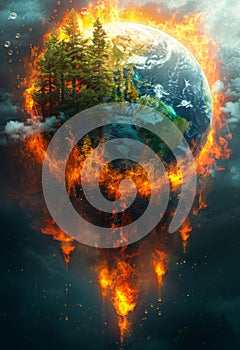 Planet Earth engulfed in flames global disaster. Ecological catastrophe