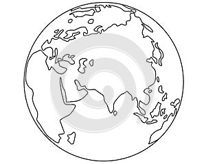 Planet Earth - Europe, Asia, Africa, Oceania - vector linear picture for coloring. Map of Eurasia. Outline. Continents, oceans and