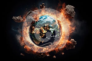 Planet Earth exploding from nuclear blast. Explosion of atomic bomb. Apocalypse, world war 3. AI Generated