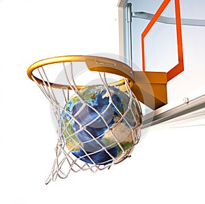 Planet Earth falling into the basketball basket by a perfect shot.
