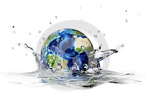 Planet Earth, falling into clear water, splashing.