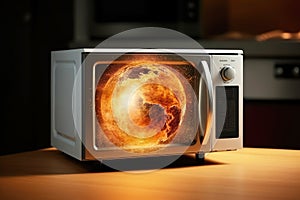 The planet Earth finds itself trapped in a microwave oven, its surface engulfed in blazing infernos, serving as a visual