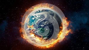 Planet earth on fire, climate change, global warming and disaster concept illustration. Generative AI