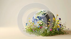 planet earth in flowers on a beige background with copy space