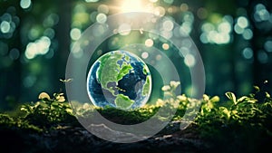 planet earth in a forest green energy and environmentalism concept