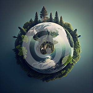 Planet earth with forest and ocean, environment concept, connect and protect to nature, global world, generative AI