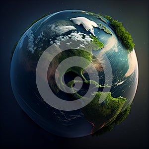 Planet earth with forest and ocean, environment concept, connect and protect to nature, global world, generative AI