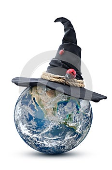 Planet earth in the form of jack-o-lantern on white background. Elements of this image furnished by NASA