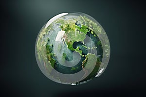 Planet Earth globe with green leaves on dark background. Concept of world environment day, save the Earth, Earth day, ecological