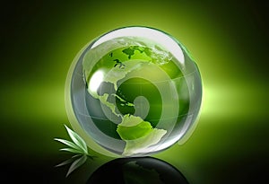 Planet Earth globe and green leaves over dark green background. Concept of world environment day, save the Earth, Earth day,