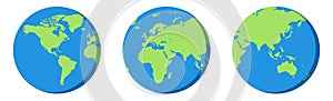 Planet earth. Globe icon in blue and green. World map in flat design on white background. Isolated cartoon globe with continents.