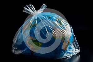 Planet earth globe in plastic bag. Concept for earth pollution.