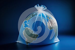 Planet earth globe in plastic bag. Concept for earth pollution. Generative AI