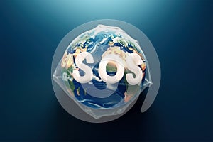 Planet earth globe in plastic bag with SOS text. Concept for earth pollution. Generative AI