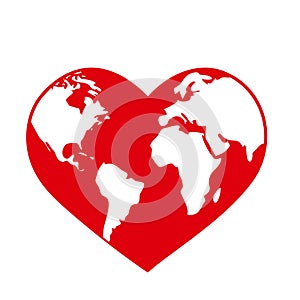 Planet Earth globe in the shape of a red heart. World health day or ecology environmental concept symbol isolated on