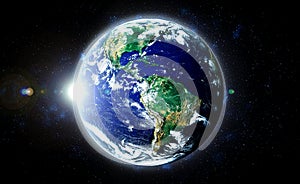 Planet earth globe view from space showing realistic earth surface and world map