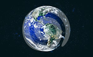 Planet earth globe view from space showing realistic earth surface and world map