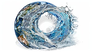 Planet earth globe in water wave climate change global warming concept on white background