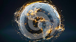 Planet earth with glowing network connections and data streams, digital technology visualization showing global communication and