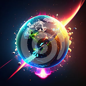 Planet earth with glowing rays of light. Vector illustration. Eps 10 AI Generated