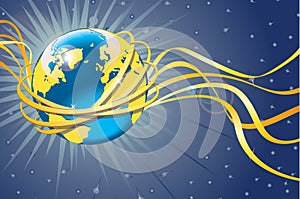Planet Earth with gold orbit and tapes.Space view photo