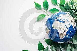 Planet earth with green leaf plant on a white background.