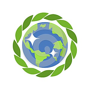 Planet earth with green leaves icon on white background. Vector illustration