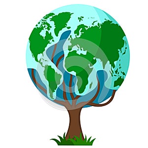 Planet earth grows on a tree, ecological logo on a white.