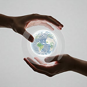Planet Earth between hands on a clean background.