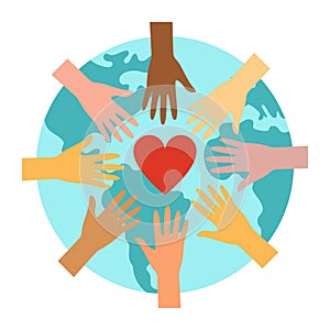 Planet Earth  hands and heart - a symbol of peace and unity of communities. illustration