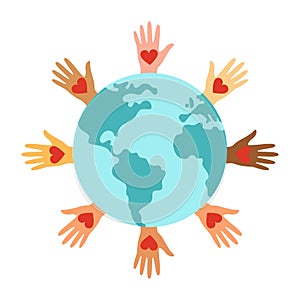 Planet Earth, hands and heart - a symbol of peace and unity of communities. vector illustration