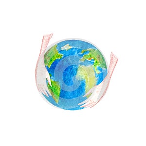 Planet earth and hands.World map.Watercolor hand drawn illustration.