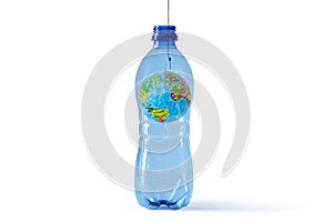 Planet earth on a hook in a plastic bottle - Concept of ecology and stop plastic pollution