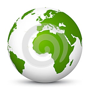 Planet Earth Icon - 3D Vector Globe Symbol with Green Continents. Europe, Africa, Asia - Vector Illustration