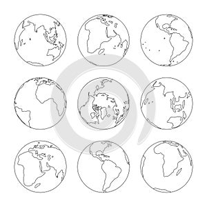 Planet earth icon set, line sketch globe collection, hand drawn simple global world map. Abstract outline contour drawing.