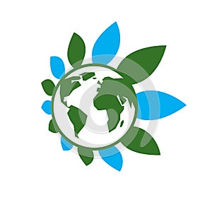 Planet earth with leaves around it simple vector logo or icon symbolizes environment protection