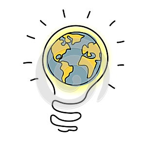 Planet earth in light bulb cartoon.