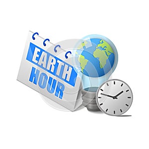 Planet earth in a light bulb and clock near calendar earth hour lettering isometric isolated