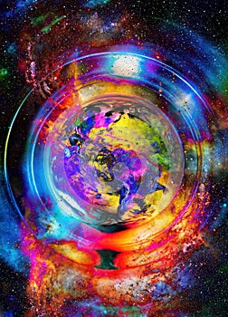 Planet Earth in light circle, Cosmic Space background.